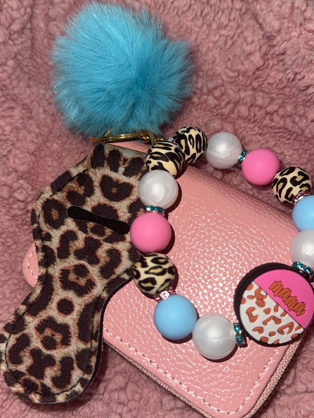 Kids Pink & Blue Beaded Wrist Keychain with Leopard Accent